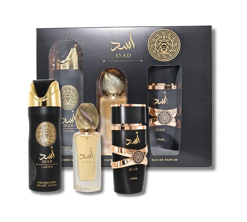 SET LATTAFA ASAD MEN 3 PCS 3.4 OZ EDP / 6.8 OZ PERFUME SPY / 1.7 OZ HAIRMIST FOR MEN