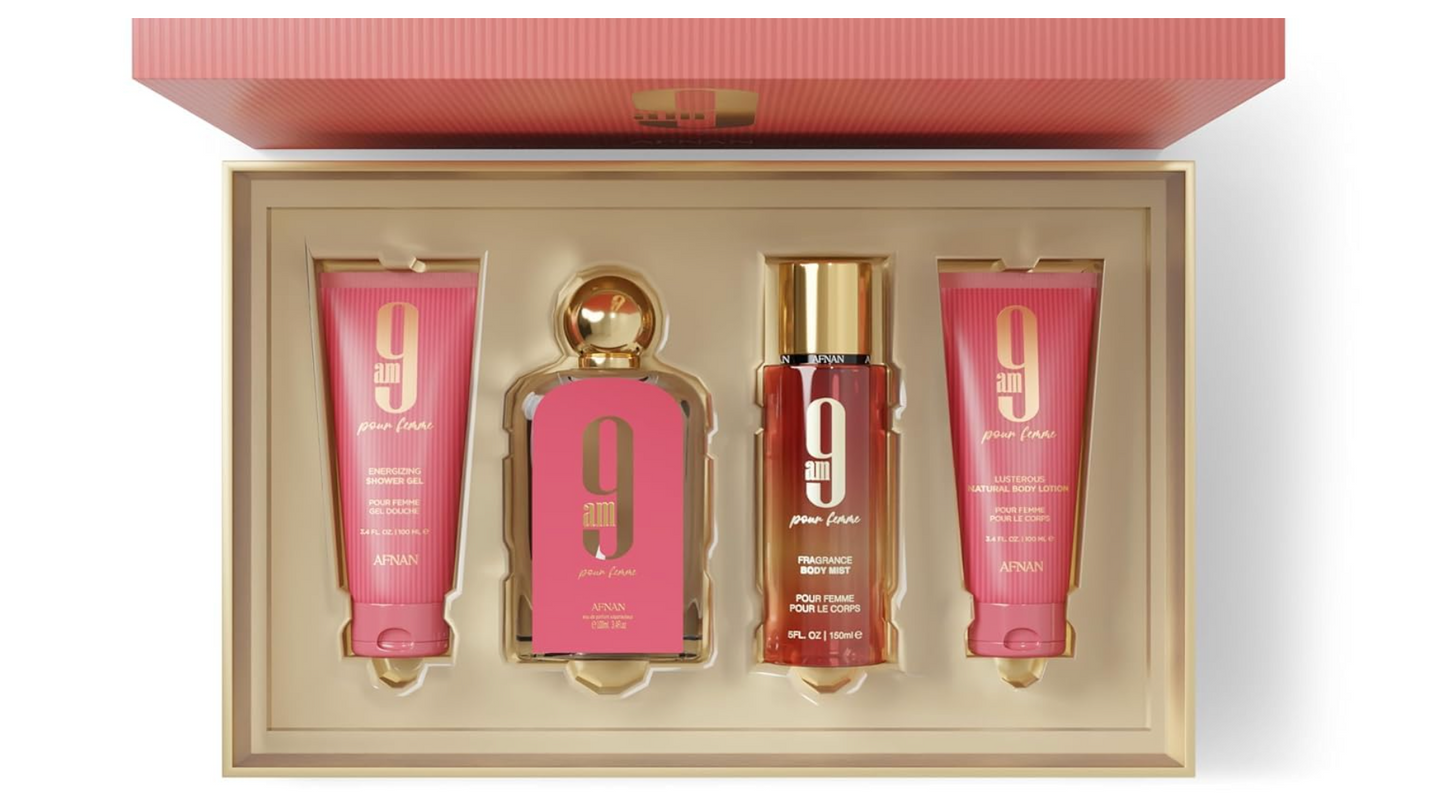 AFNAN 9AM POUR FEMME 4PC SET 3.4 SPRAY / 3.4 S.GEL / 3.4 BL / 5.0 BODY MIST FOR WOMEN