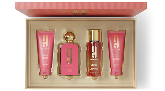 AFNAN 9AM POUR FEMME 4PC SET 3.4 SPRAY / 3.4 S.GEL / 3.4 BL / 5.0 BODY MIST FOR WOMEN