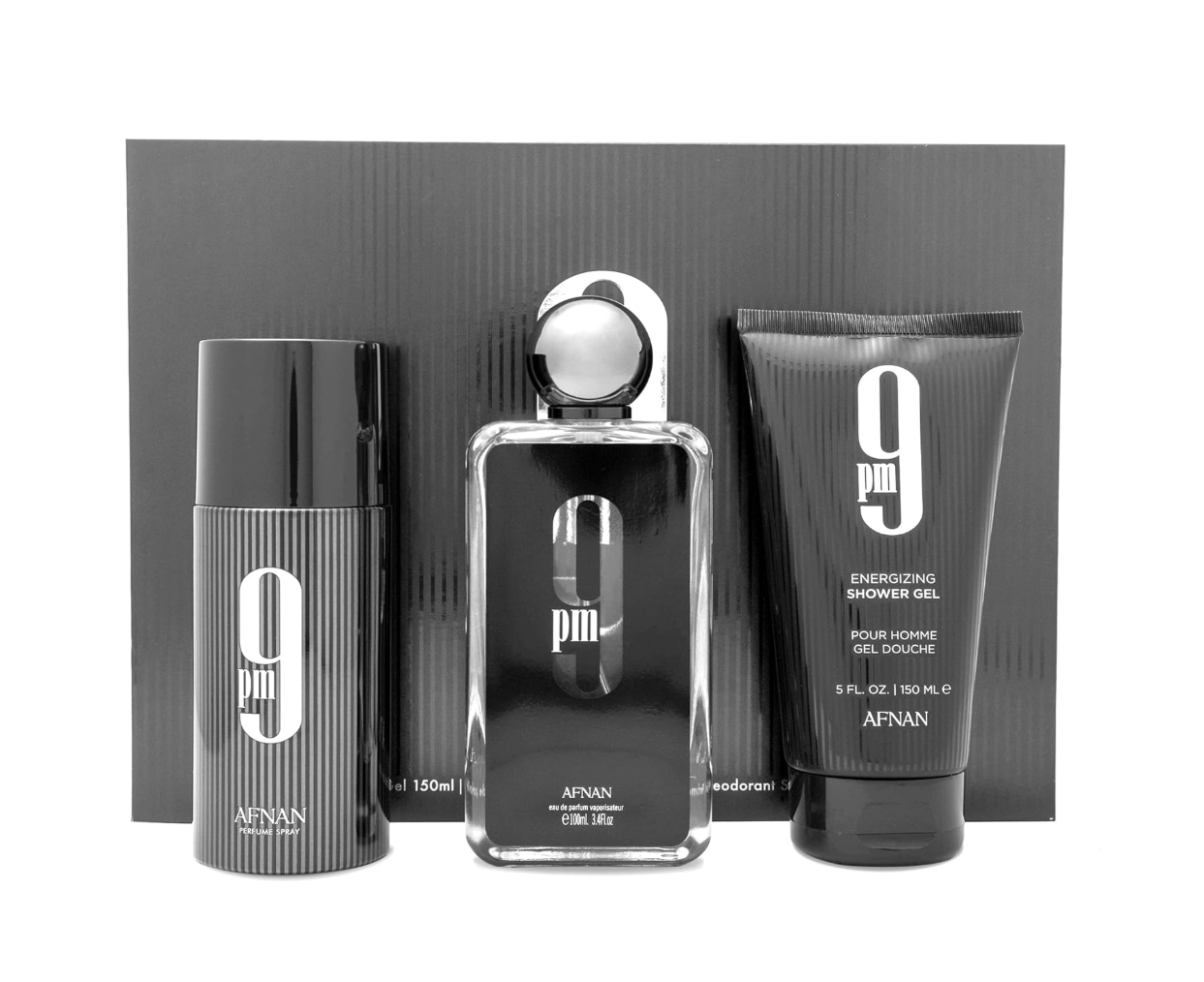 AFNAN 9PM MEN 4PC SET 3.4 EDP SPRAY / 3.4 S.GEL / 3.4 BL / 5.0 BODY MIST FOR MEN