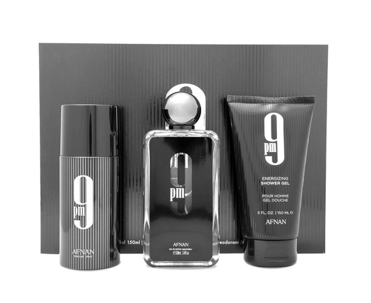 AFNAN 9PM MEN 4PC SET 3.4 EDP SPRAY / 3.4 S.GEL / 3.4 BL / 5.0 BODY MIST FOR MEN