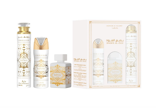 SET LATTAFA BADEE AL OUD HONOR & GLORY PCS 3.4 OZ EDP / 6.8 OZ PERFUME SPY / 1.7 OZ HAIRMIST