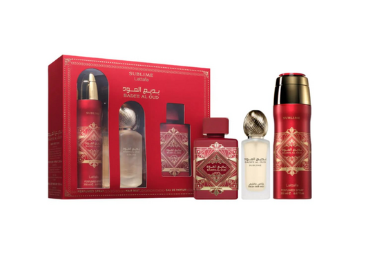 SET LATTAFA BADEE AL OUD SUBLIME BY LATTAFA UNISEX 3 PCS 3.4 OZ EDP / 6.8 OZ PERFUME SPY / 300ML Air Refreshner