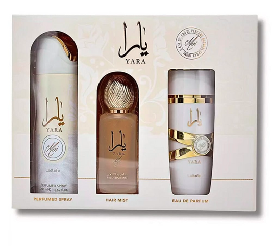 SET YARA MOI BY LATTAFA 3PCS 3.4 OZ EDP / 6.8 OZ PERFUME SPY / 1.7 OZ HAIRMIST FOR WOMEN