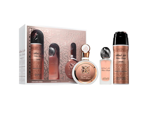 SET LATTAFA FAKHAR WOMEN 3 PCS 3.4 OZ EDP / 6.8 OZ PERFUME SPY / 1.7 OZ HAIRMIST