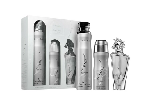 SET LATTAFA MAAHIR LEGACY MEN 3 PCS 3.4 OZ EDP / 6.8 OZ PERFUME SPY / 1.7 OZ HAIRMIST FOR MEN
