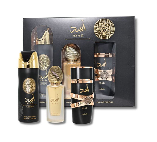 SET LATTAFA ASAD MEN 3 PCS 3.4 OZ EDP / 6.8 OZ PERFUME SPY / 1.7 OZ HAIRMIST FOR MEN