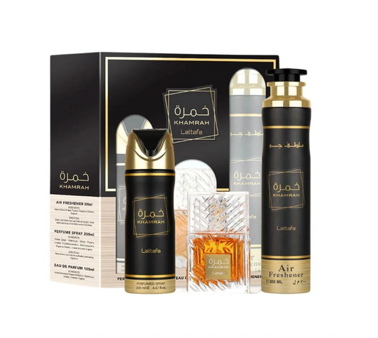 SET LATTAFA KHAMRA UNISEX (3PCS) 3.4 OZ EDP / 6.8 OZ PERFUME SPRAY / 1.7 OZ HAIRMIST